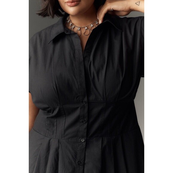Anthropologie Midi Shirt Dress Black Pleated Cotton Preppy Retro Boho Medium NWT - Picture 7 of 14
